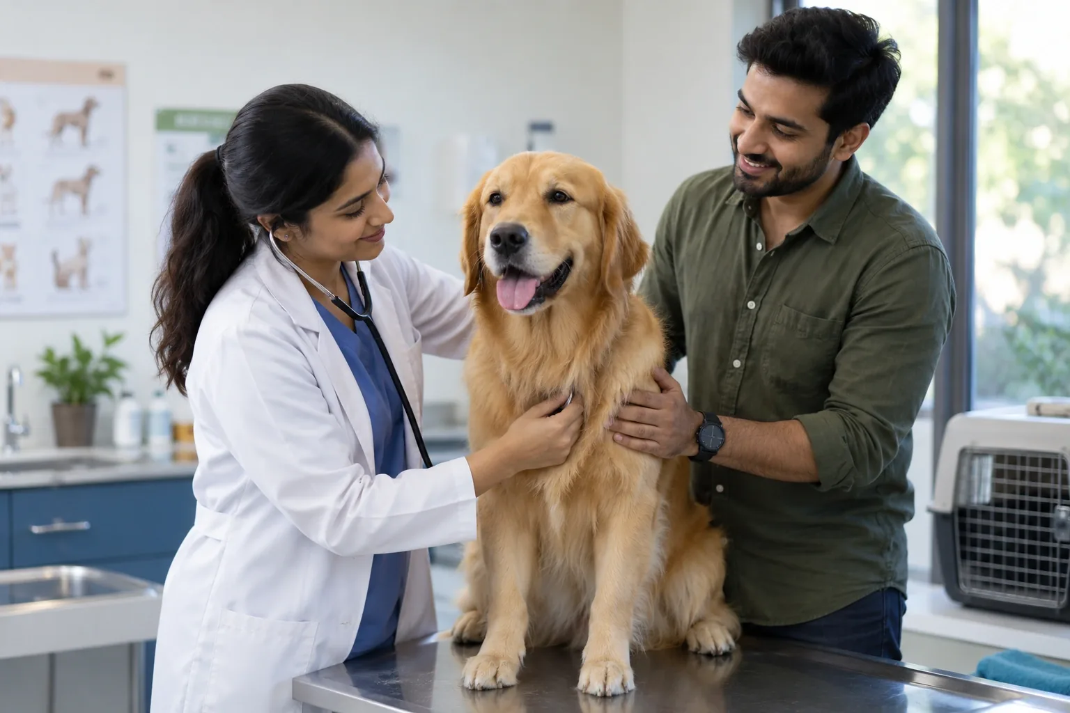 An Indian veterinarian gently examining a calm golden retriever with its adult owner nearby in a bright friendly veterinary clinic, realistic animal anatomy.